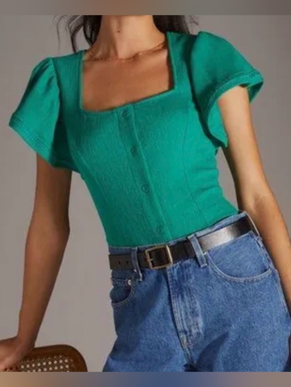 Anthropologie Dolan XS Left Coast Collection Green Flutter Sleeve Square Neck
